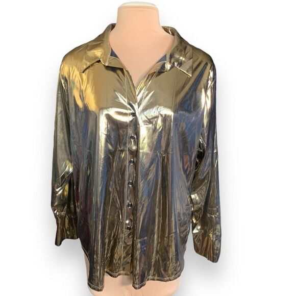 Vintage Gold Metallic Button Down Sheer Blouse Plus Size 22/24 Liquid Disco - Picture 10 of 10